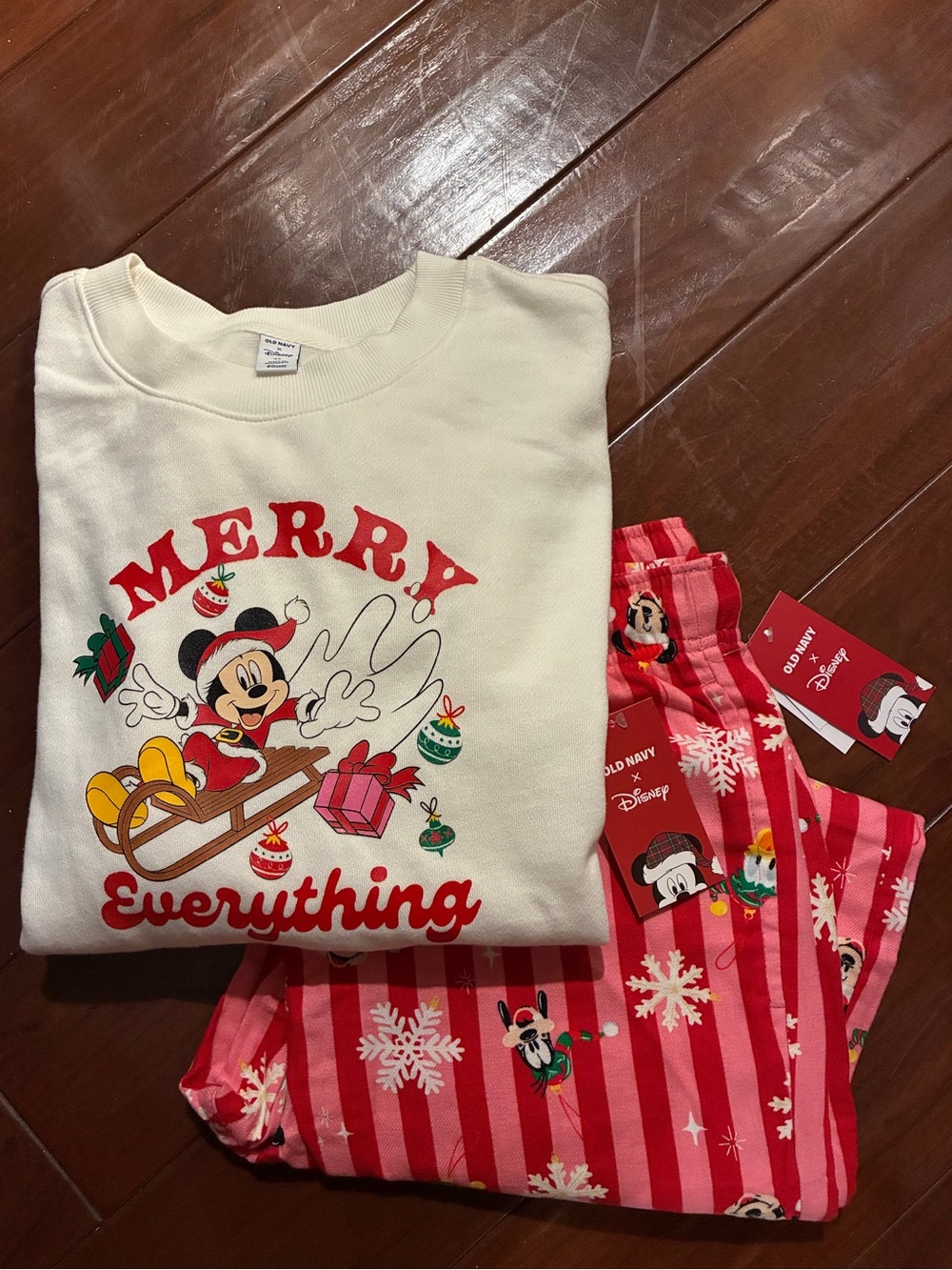 Old Navy Cream & Red Mickey Mouse 'Merry Everything' Sweater and pajama pant set